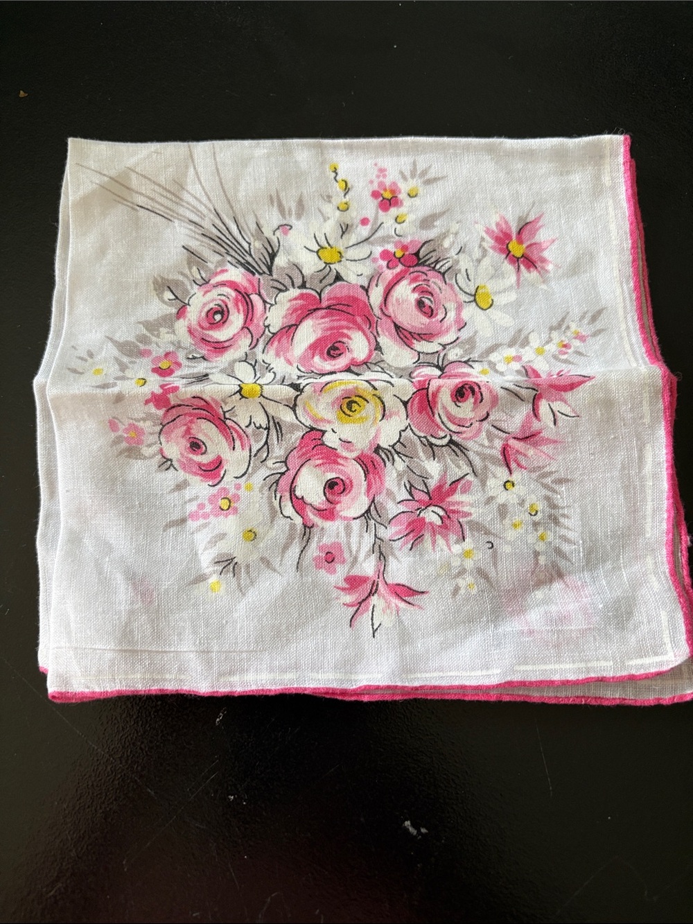 Vintage Pink Rose Bouquet Handkerchief with Yellow Accents
